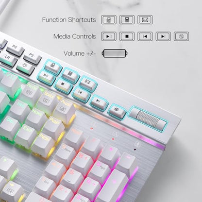 Redragon K550 RGB Gaming Keyboard, 104 Keys + 12 Macro G Keys Wired Mechanical Keyboard w/Aluminum Top Plate, Custom Clicky Purple Switch, Extra USB Port & Wrist Rest - color: White