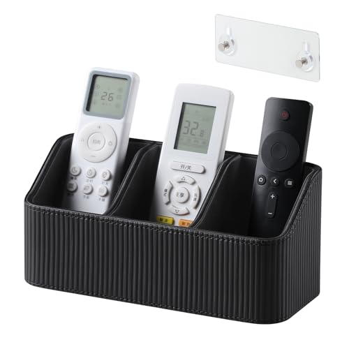 No Drill PU Leather Wall Remote Holder, 3 Compartments Storage Caddy for TV AC Remotes, Pens, Eyeglasses, Home Bedroom Bathroom Office (Stylish Black Fine Ribbed) - color: Stylish Black Fine Ribbed