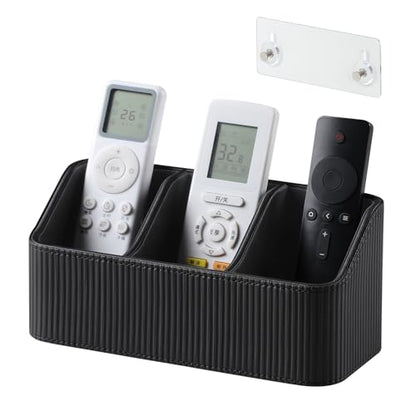 No Drill PU Leather Wall Remote Holder, 3 Compartments Storage Caddy for TV AC Remotes, Pens, Eyeglasses, Home Bedroom Bathroom Office (Stylish Black Fine Ribbed) - color: Stylish Black Fine Ribbed