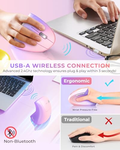 Lekvey Ergonomic Mouse, Vertical Wireless Mouse Rechargeable 2.4 GHz Optical Carpal Tunnel Mouse : 800/1200/1600 DPI, 6 Buttons, for Laptop, PC, Mac, Computer, Desktop, Notebook etc, Pink to Purple - color: Pink to Purple