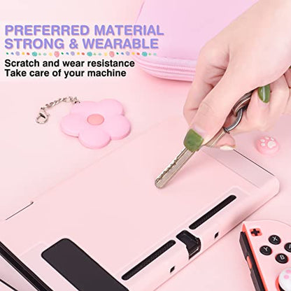 DLseego Pink Switch Case Set Carrying Case with 10 Slots Cute Protective Dockable Hard Shell with 4PCS Lovely Cat Paw Thumb Grips Caps and 1PC Flower Blossom Chain for Switch 2017 Version - color: Pink, size: Switch 1 6.3inch