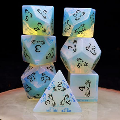 Haxtec Gemstone Dice Opal DND Dice Set with Dice Case Opalite D&D Compatible with Dungeons and Dragons Dice TTRPG DND Master Gift - color: White Black Gold