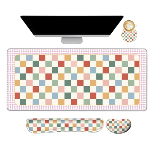 Vintage Macaron Checker Mouse Pad Set, 4 in1 Ergonomics Keyboard Desk Mat with Memory Foam Wrist Rest, Extended Game Mousepad, Large Gaming Non-Slip Desk Pad Matt Easy Typing Pain Relief - color: Vintage Macaron Checker