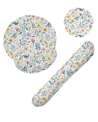 Wildflowers Leaves Mouse Pad with Wrist Rest and Keyboard Wrist Rest Set, Spring Colorful Flowers Non-Slip Rubber Base Memory Foam Mouse Pad Set for Women, Office Desk Accessories, Gaming - color: Spring Colorful Flowers Wildflowers Leaves