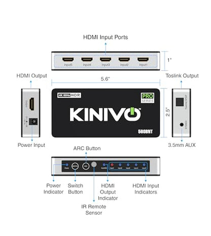 Kinivo HDMI Switch with Audio Extractor 560BNT (5 in 1 Out Hub, Toslink Optical Audio Port, SPDIF, 4K 60Hz Switcher, 18Gbps, IR Remote) - Compatible with Gaming Console, Cable TV, PC, Dolby Digital - size: 4K - 5 Port with Toslink