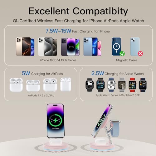 【Adjustable Blue Ambient Light】 Wireless Charger 3 in 1 for iPhone, Magnetic Charging Station for Apple Family,15W Fast MagSafe Charger Stand,for iPhone17-12-iWatch AirPods Series - color: Pink