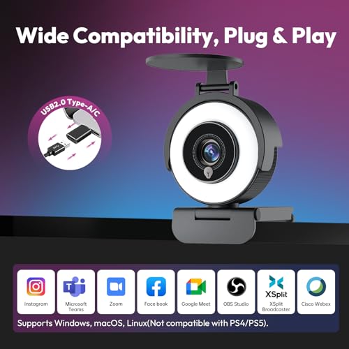 Angetube 4K Webcam with Ring Light, Computer Web Camera for Desktop, Laptop | 4K@30FPS, PDAF Autofocus, 1080P@60FPS, 2 Microphones, USB-A/C, Privacy Cover, Streaming Web Cam for PC Mac, Zoom Teams Twitch