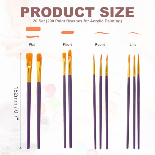 PATIKIL Paint Brushes Set, 200Pcs Acrylic Paint Brush Nylon Hair for Watercolor Oil Painting Miniature Detailing Rock Painting, Purple - color: Purple