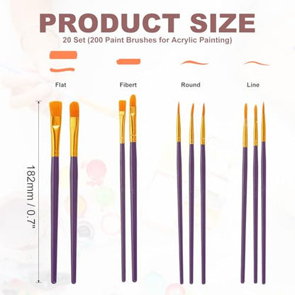 PATIKIL Paint Brushes Set, 200Pcs Acrylic Paint Brush Nylon Hair for Watercolor Oil Painting Miniature Detailing Rock Painting, Purple - color: Purple