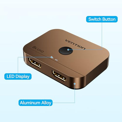 VENTION 8K 2x1 HDMI Switch, 4K@120Hz HDMI Splitter Switcher, 2 in 1 Out with LED Indicators, Supports HDR, 3D, Dolby, Compatible with Laptops, PC, Xbox Series, PS5/4/3, Blue Ray, Projector - color: Brown
