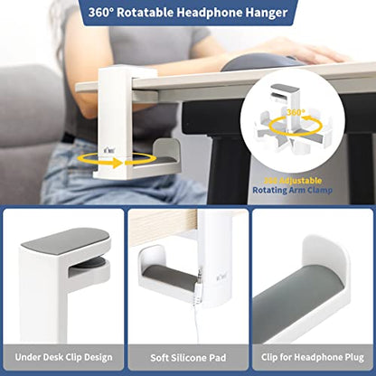 KIWIFOTOS Headphone Stand Holder Under Desk, PC Gaming Headset Hook Hanger Mount with 360 Adjustable Rotating Arm Clamp & Built in Cable Clip - White | Fits 0.4-1.6" desks, 2.4" headbands. 360° arm swivels. Built-in cable clip. Soft silicone pad. White. L