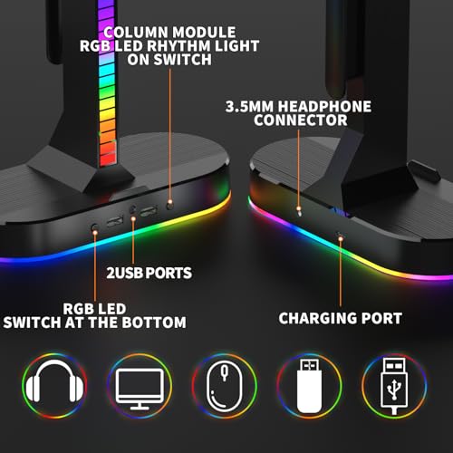RGB Headphone Stand - Dual Gaming Headset Holder with 3 USB Charging Station and 3.5mm Audio Port,8 Light Modes, Suitable for Gaming, Wireless Earphone Display, Gamer Gifts for Men (Black) - color: black