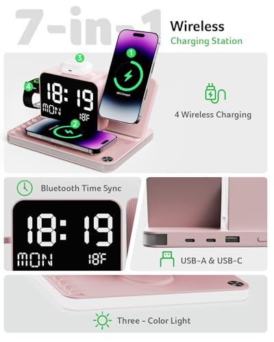 Acer 7-in-1 Wireless Charging Station with LED Clock - 30W Fast Wireless Charger for iPhone 16/15/14/13/12/Pro Max, Apple Watch, AirPods - Bluetooth Auto Time Sync & Night Lights (Pink) - color: Pink