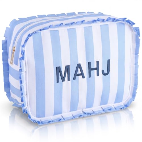 Sanwuta 1 Pcs Mahjong Tile Bag with Zipper,Blue,Ruffles | Embroidered Mahjong Case for 166 American Mahjong Tiles (1.2") Portable Bags for Board Game Party Gathering Travel - color: Blue, style: Ruffles