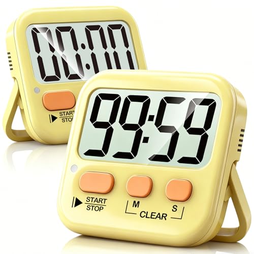 2 Pack Digital Timer for Kids Classroom Kitchen Timers for Cooking | w/ Battery, Easy to View, Alarm, Mute Mode, Count Down/Up, Magnetic, Kickstand, Hanging, Classroom Timer for Teacher Supplies - color: Yellow