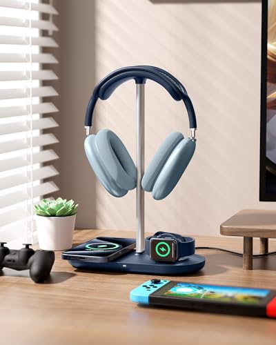 HiWe Headphone Stand, 2-in-1 MagSafe Wireless Charger for iPhone/iWatch | Headset Holder for All Headphones, Aluminum Alloy Bar, ABS Solid Base, PU Headrest, Table Desk Organizer - color: Blue