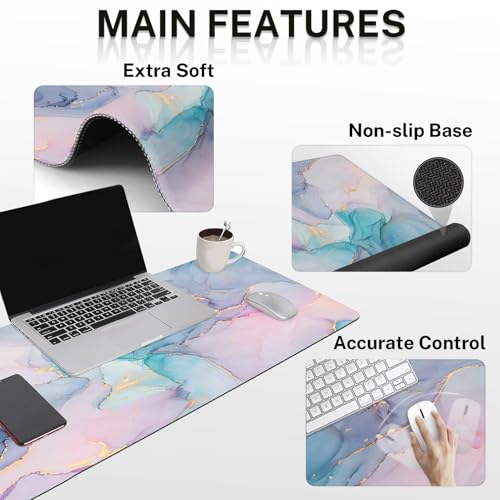 Arttown Keyboard Mouse Pad Set, 4 in 1 Desk Mat Set Marble Gradient | Gold Purple Pink Large Mousepad+Keyboard Wrist Rest+Mouse Wrist Rest+Coaster Ergonomic Design for Home Office Computer - color: Blue Purple Marble