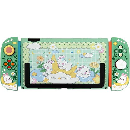 Protective Case for Nintendo Switch 2, Hard Back Shell + 2 Silicone Anti-Slip Controller Covers + 2 Joystick Caps, Rabbit and Flower Cover, Green - color: Green