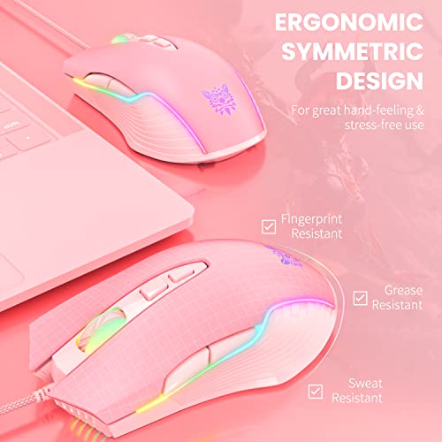Cute RGB 6400 DPI Wired Gaming Mouse Breathing LED Optical USB 7 Buttons Gamer Computer Pink Mice for Laptop PC Desktop (Pink) - color: Pink