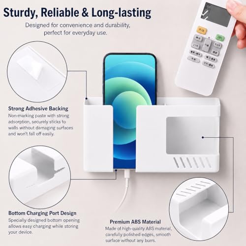 Strong Adhesive Wall Mount Phone Holder D3 Punch-Free Bedside Phone Shelf with Charging Port, Sticky Remote Control Storage Box, Bathroom & Kitchen Wall Organizer (White) - color: White