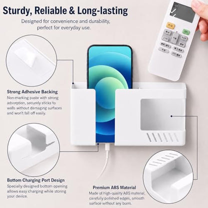 Strong Adhesive Wall Mount Phone Holder D3 Punch-Free Bedside Phone Shelf with Charging Port, Sticky Remote Control Storage Box, Bathroom & Kitchen Wall Organizer (White) - color: White