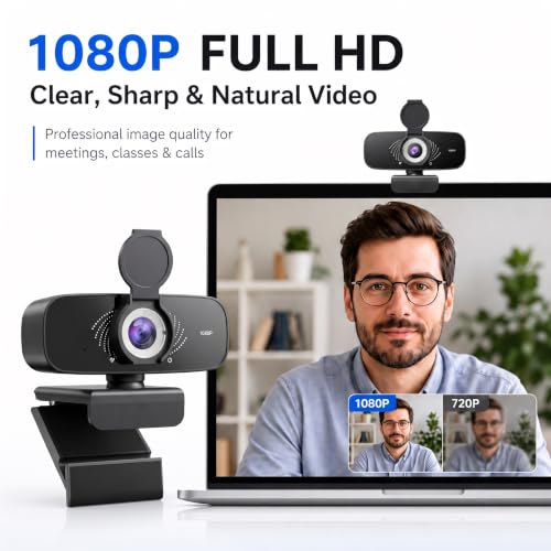 1080P Webcam with Microphone, Privacy Cover & USB-C Adapter | 105° FOV, Fixed Focus, Auto Light Correction, Plug & Play USB-A Camera with Tripod for Zoom, Teams, FaceTime and YouTube