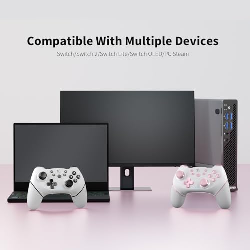 AceGamer Wireless Pro Controller for Nintendo Switch/Lite/OLED/Switch 2/PC, 2 pack, Hall Effect Joystick for Switch 2 Pro Controller with Wake-Up/Dual Vibration/Turbo/Ergonomic ! (White and Pink) - color: White and Pink