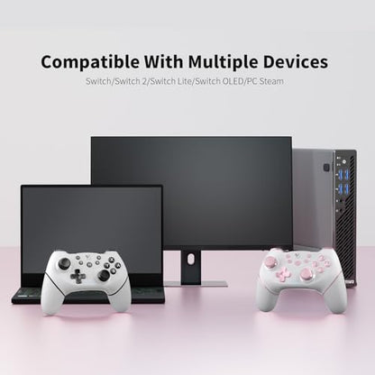 AceGamer Wireless Pro Controller for Nintendo Switch/Lite/OLED/Switch 2/PC, 2 pack, Hall Effect Joystick for Switch 2 Pro Controller with Wake-Up/Dual Vibration/Turbo/Ergonomic ! (White and Pink) - color: White and Pink