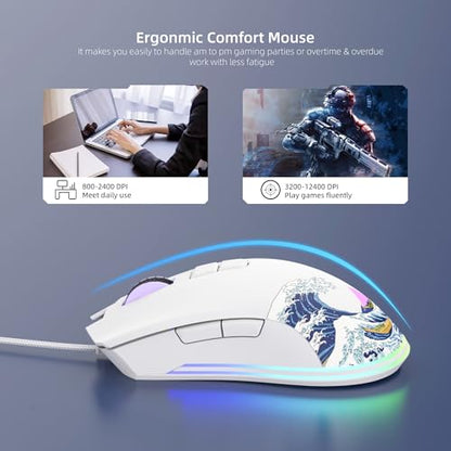 Womier Wired Gaming Mouse, 12400 DPI RGB Mouse with RGB Backlit | 7 Macro Buttons PC Gaming Mice Support DIY Keybinding, Gamer Computer Mice for Laptop PC Mac Windows(G705 Kanagawa) - color: White
