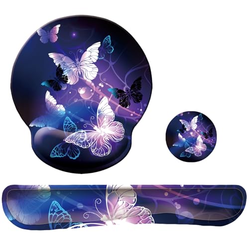 Keyboard Wrist Rest Pad Mouse Pad with Wrist Support Set of 3, Mousepad with Non-Slip Rubber Base, Ergonomic Memory Foam Mouse Wrist Cushion Support for Home Office Laptop Computer Gaming, Butterfly - color: Butterfly