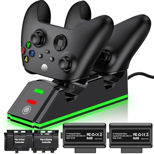 Controller Charger Station with 2 Packs 4320mWh Rechargeable Battery for Series X/S/One/Elite Controller, Dual Charging Dock with 4 Packs Covers