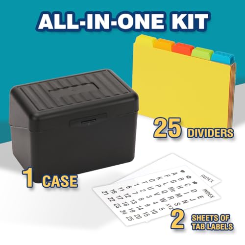H4D Index Card Holder 4x6 Inches with 25 Plastic Dividers, Black - color: Black, size: 4x6 inch