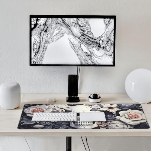 35.4 x 15.7 in, Waterproof XXL Large Mouse Pad for Desk, Extended Keyboard Mouse Mat for Computer Office, Big Laptop Mouse pad, Gaming Pc-White Skull&Flowers - color: White Skull&flowers