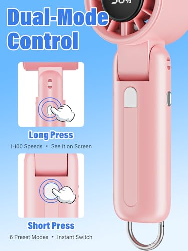 AI Handheld Fan Turbo, 100-Speed Portable Fan Rechargeable, Mini Fan with 12800 RPM Strong Airflow, Foldable 4-in-1 Personal Fan for Travel, Camping, Beach & Office, USB-C & Lightweight & Quiet - color: Pink