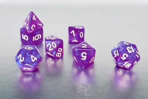 퍼플 DND 주사위 7개 세트 (스팽글 퍼플) | TTRPG, 던전 앤 드래곤, 롤 플레잉 게임 및 기타 테이블 게임을 위한 아크릴 다면체 주사위 세트 - D20 시스템 주사위 - color: 스팽글 퍼플