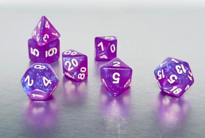 퍼플 DND 주사위 7개 세트 (스팽글 퍼플) | TTRPG, 던전 앤 드래곤, 롤 플레잉 게임 및 기타 테이블 게임을 위한 아크릴 다면체 주사위 세트 - D20 시스템 주사위 - color: 스팽글 퍼플