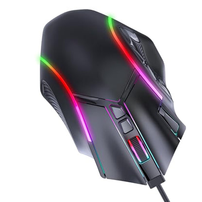 Gaming Mouse, 7 Programmable Buttons, RGB Lighting, 1200 to 12800 DPI, 1000Hz Polling Rate, Ergonomic Design Wired Mouse, Computer with 12 Buttons for Laptop, PC