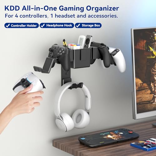KDD 3 in1 Controller Headphone Wall Mount - Universal Gaming Controller Organizer Stand with Storage Box - Gamepad Hanger Fits Xbox Series X/S, PS4, PS5, Switch, Steam, Video Game Accessories