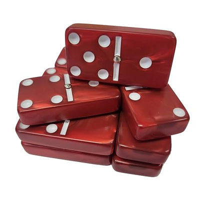 Marion Domino Double Six Red Marbleized Jumbo Tournament Professional Size with Spinners in Dovetail Sheesham Wood Box - color: Red Marbleized