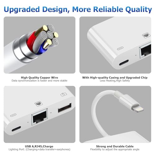 Lightning to RJ45 Ethernet Adapter Network Adapter, with Charge Port and USB Port Support USB Flash Drive/Keyboard/Mouse/Came, Plug and Play,Supports 100Mbps Ethernet Network - size: Lightning