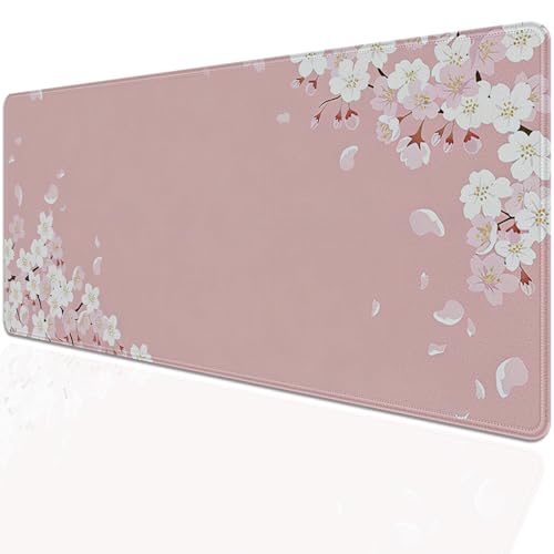 Pink Cherry Blossom Large Mouse Pad Desk Mat, 27.5x11.8in Japanese Sakura Floral Extended Keyboard Mousepad with Stitched Edges, Non-Slip Waterproof Rubber Base for Office, Computer & Laptop - color: Pink Cherry Blossoms