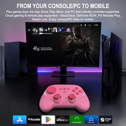 Joso Mobile Gaming Controller, Wireless Game Controller for iPad/Tablet/iPhone/Android/Switch/Switch 2/Lite/OLED/PC, Handheld Gamepad with Hall Effect Joysticks/Triggers/6-Axis Gyro - Pink - color: Pink