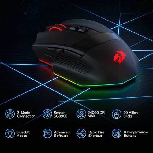 Redragon M923 PRO Wireless RGB Gaming Mouse 24K DPI Remapping Keys | Cable-Free 0 Delay, Smooth Precise Tracking, Custom Macro Keybinds, Vibing Backlight, Ergonomic Grip Body Comfort - style: Wireless