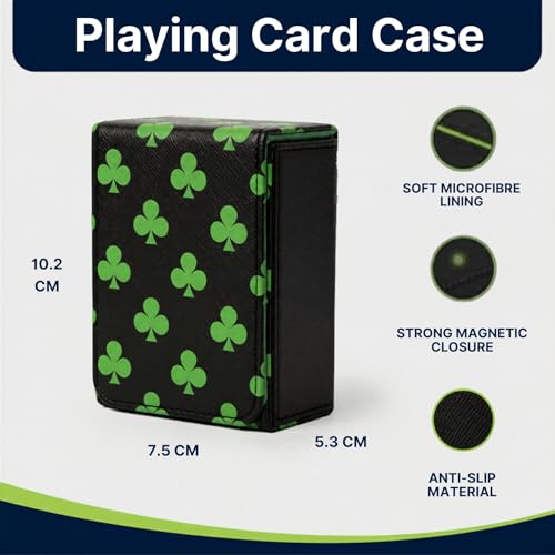 Double Decker Leather Poker Card Case - Holds Two Sets of Poker Size Cards - Premium Dual-Deck Holder with Stylish Design and Secure Closure (Green-Clubs) - color: Green-Clubs