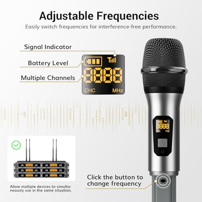 TONOR Wireless Microphones System, 4x10 Channel UHF Wireless Mic, 4 Handheld Adjustable Frequency Metal Cordless Dynamic Mic, Multiset Operation, 90 m Ideal for Karaoke Singing Wedding Church, Silver - style: 4 Mics
