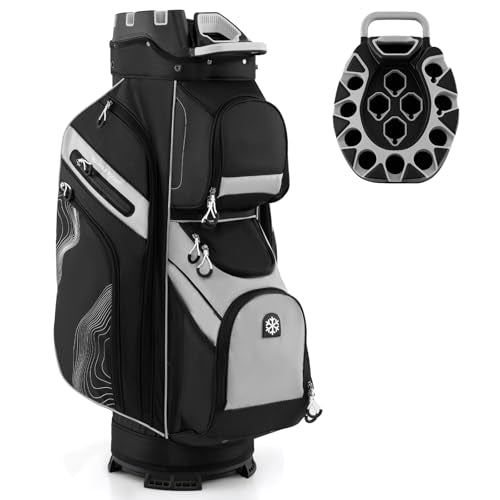 Goplus Lightweight Golf Cart Bag, Molded Lock Top Golf Club Bag w/14-Way Full Length Organizer Dividers, 11 Pockets, Cooler Bag, Straps, Umbrella Holder & Rain Hood for Men Women - color: Black+Grey