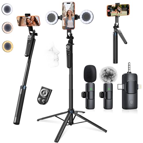 Tripod for iPhone Vlogging Kit with Mic, Content Creator Essentials | 71" Auto face tracking phone stand with light, Microphone and remote. Made for YouTube, TikTok, live streaming