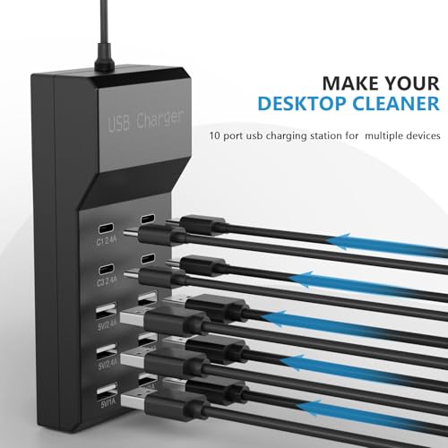 10-Port USB Charging Station, 4 USB-C and 6 USB-A Ports Power Strip, 50W Smart Output, Multi-Device Charging Block