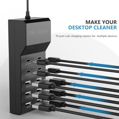 10-Port USB Charging Station, 4 USB-C and 6 USB-A Ports Power Strip, 50W Smart Output, Multi-Device Charging Block