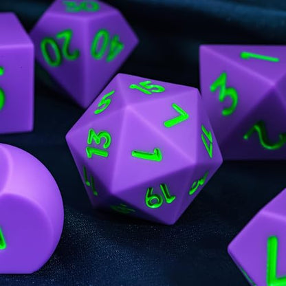 7-Piece Jumbo Silicone DND Dice Set, 25mm Oversized D&D Dice | Round Edges Soft Perfect Bouncer Compatible with Dungeons and Dragons RPG Bar Pub Club Party Games - color: Purple W/Green Numbers
